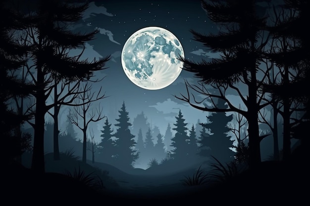 Photo a forest landscape with a full moon and trees