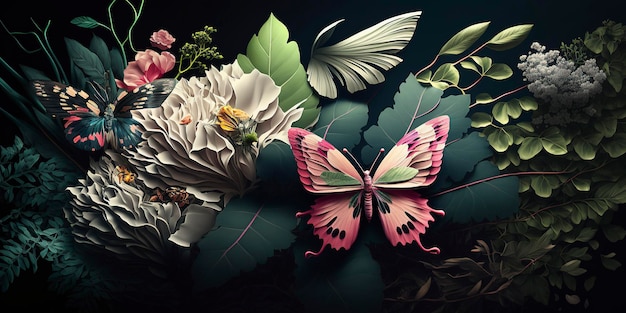 Forest, leaves, flowers and butterflies on a dark background , creative ai