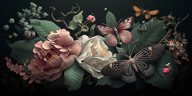 Forest, leaves, flowers and butterflies on a dark background , creative ai