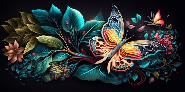 Forest, leaves, flowers and butterflies on a dark background , creative ai