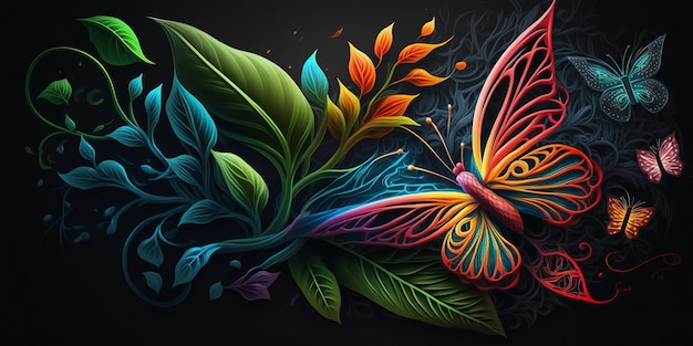 Forest, leaves, flowers and butterflies on a dark background , creative ai