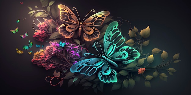 Forest, leaves, flowers and butterflies on a dark background , creative ai