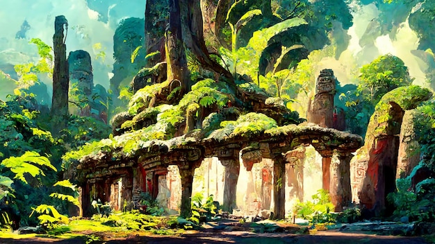 Forest Mayan style ancient culture 3D illustration