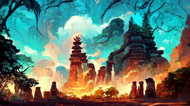 Forest Mayan style ancient culture 3D illustration