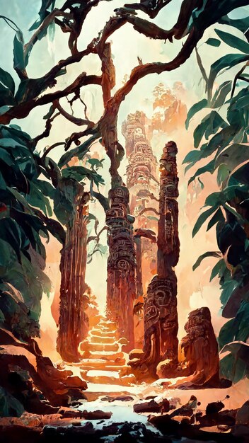 Forest Mayan style ancient culture 3D illustration