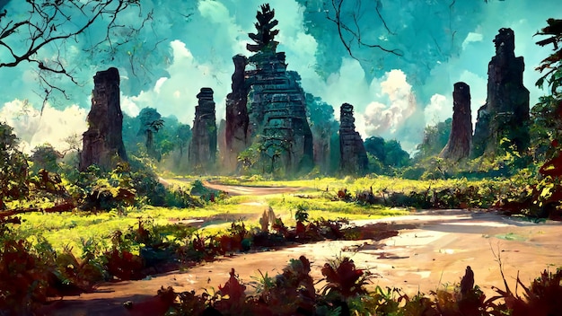 Forest Mayan style ancient culture 3D illustration