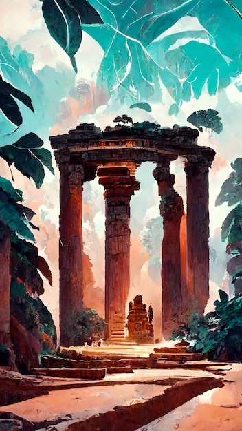 Forest Mayan style ancient greek temple 3D illustration