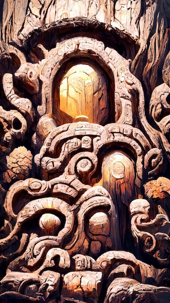 Forest Mayan style stone door 3D illustration