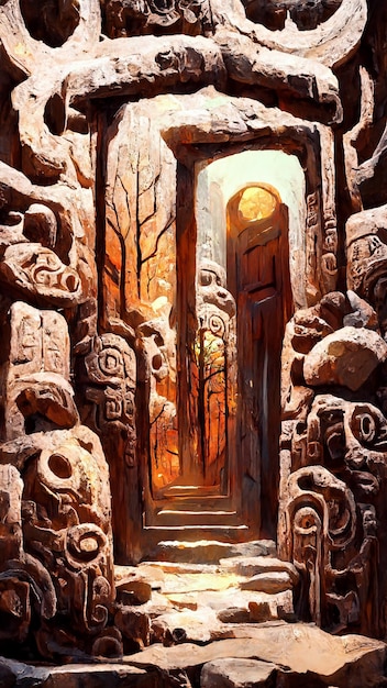 Forest Mayan style stone door 3D illustration