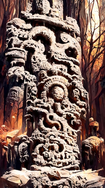 Forest Mayan style stone pillar 3D illustration