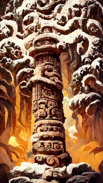 Forest Mayan style stone pillar 3D illustration