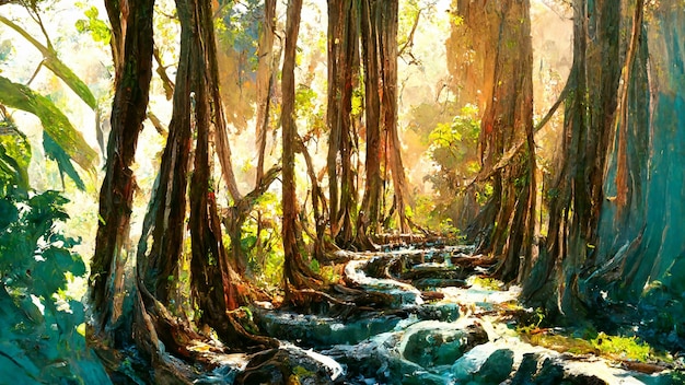 Forest Mayan style tree and stream 3D illustration