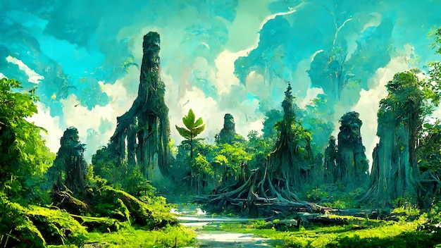 Forest Mayan style trees scene 3D illustration