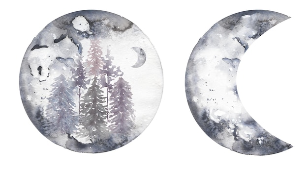 Forest Moon Illustration set Watercolor Winter Crescent clipart