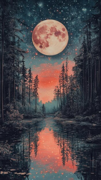 Photo forest and moon reflection