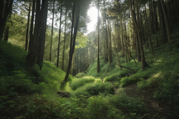 Forest in mountain setting surrounded by tall trees and lush greenery created with generative ai