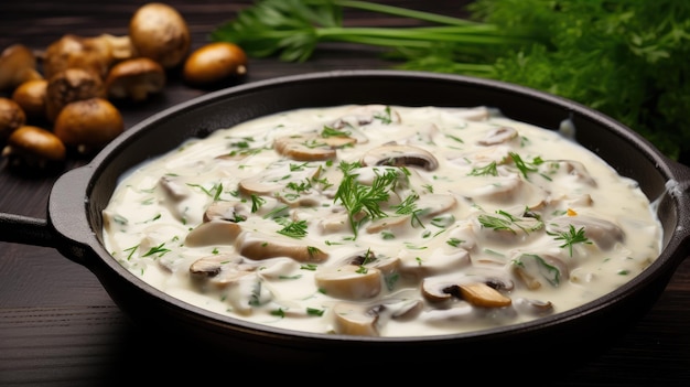 Forest mushrooms in sour cream sauce on a pan created with Generative AI technology