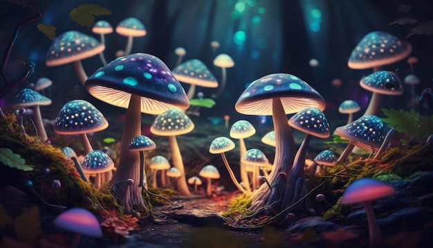 A forest of mushrooms with blue lights