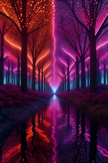 Photo a forest of neonlit trees in a surreal landscape