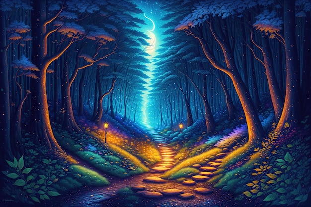 a forest at night fantasy mystical