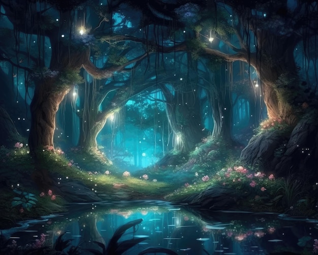 The forest at night is a magical fantasy fairy tale scenery Generative AI