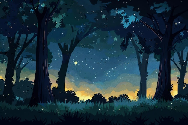 Forest night scenery with twinkling stars and fireflies