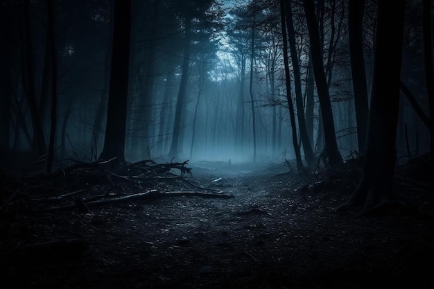 Forest in night time with dark sky