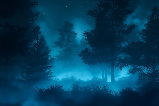 forest at night with fog and lights