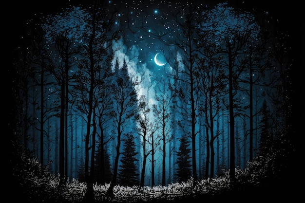 Forest at night with the stars shining and moonlight illuminating the trees