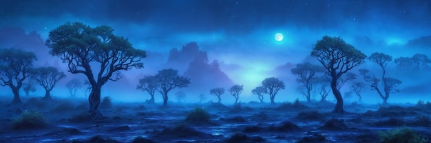 A forest at night with trees and a full moon illuminating the scene The trees are tall and leafy creating a serene atmosphere in the darkness