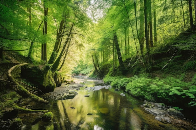 Forest oasis with clear stream surrounded by greenery