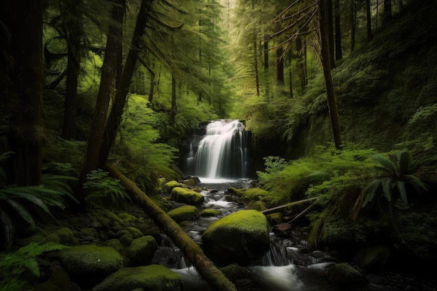 Forest oasis with rushing stream and waterfall surrounded by greenery