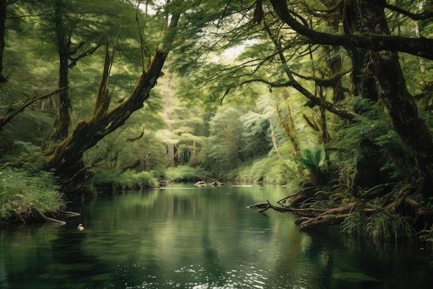 Forest oasis with tranquil river flowing through it