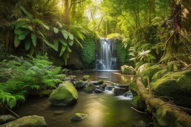 Forest oasis with waterfall and stream surrounded by greenery