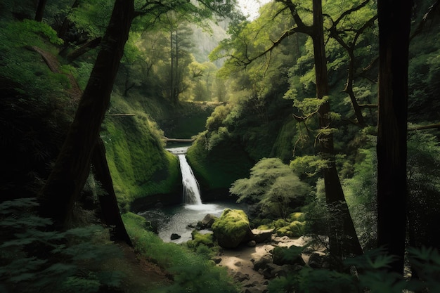 Forest oasis with waterfalls and greenery surrounded by tall trees