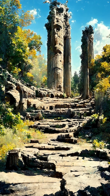 Forest old ruin of Greek city or Roman empire historical 3D illustration