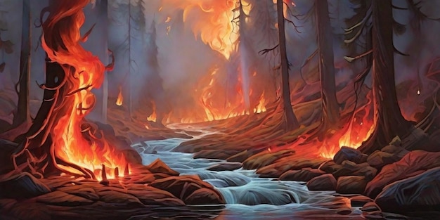 A forest painting with contrasting elements of fire and water