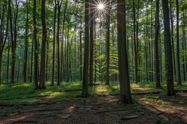 Forest Panorama with Sun Rays Streaming Through Trees