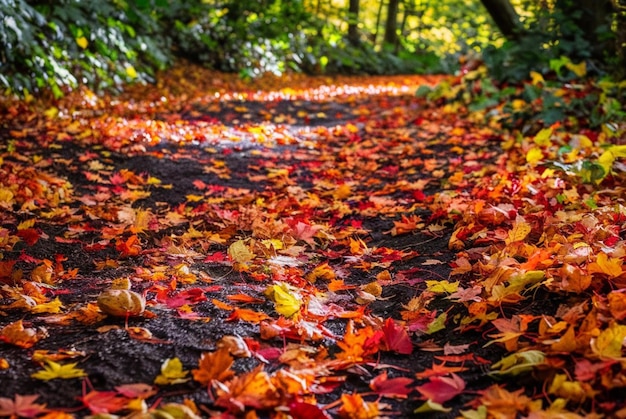 A forest path covered in colorful leaves 1