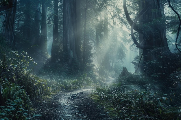 a forest path in the fog