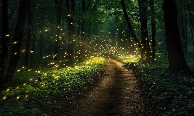 The forest path is alive with the glow of fireflies Creating using generative AI tools