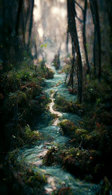 A forest path with a blue sky and the sun shining through the trees.