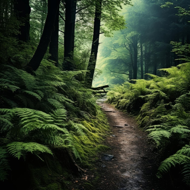 a forest path with ferns and a trail in the woods