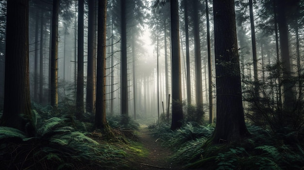 A forest path with a foggy background and a forest path with trees