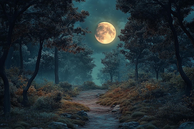 Photo a forest path with a full moon in the background