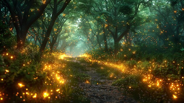 a forest path with glowing lights in the sky