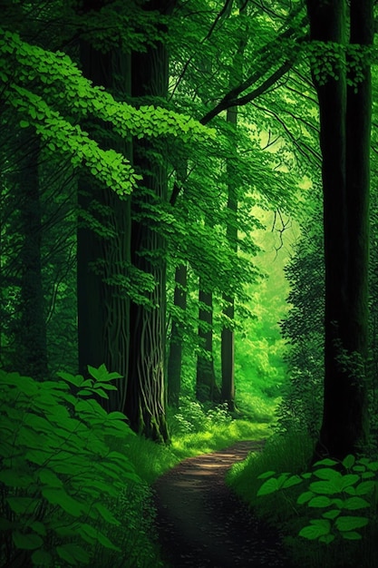 A forest path with green leaves and a green background.