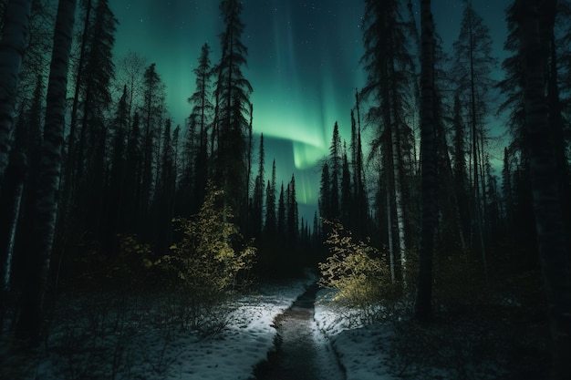 A forest path with a green light that is lit up with the northern lights above it.