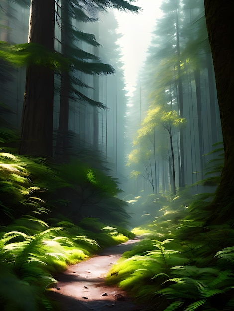 A forest path with green trees and light shining on the ground.