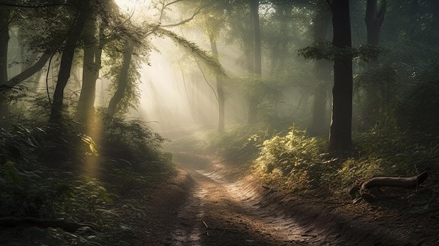 A forest path with light shining through the trees